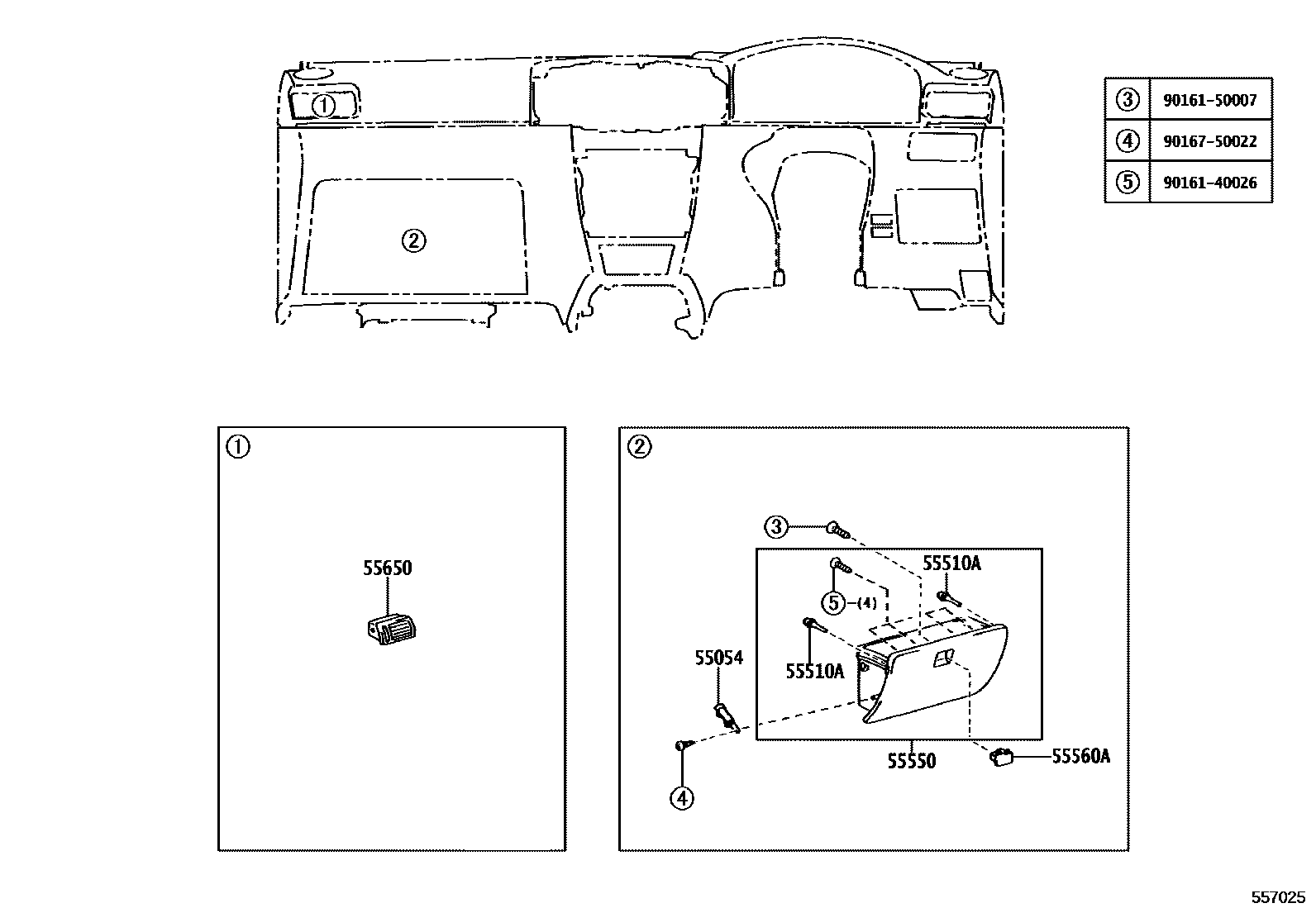 Toyota COROLLA 仪表板和手套箱 EPC diagram — 557025