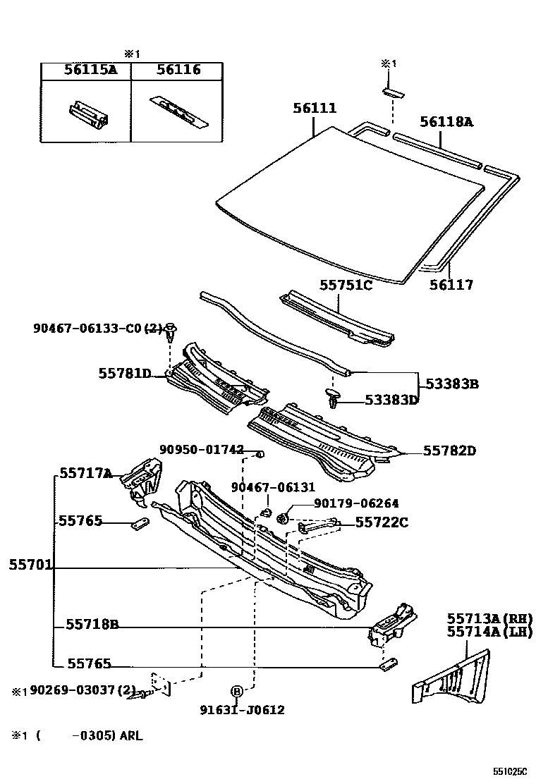 Toyota COROLLA 前围板和挡风玻璃 EPC diagram — 551025C