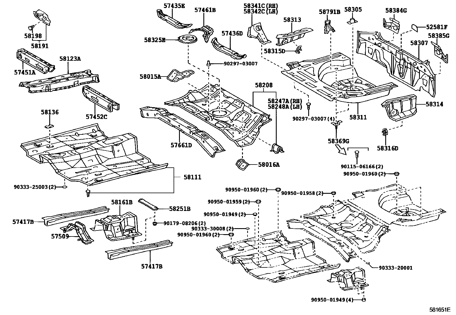 Toyota COROLLA 浅盘形地板和车身下背板 EPC diagram — 581651E