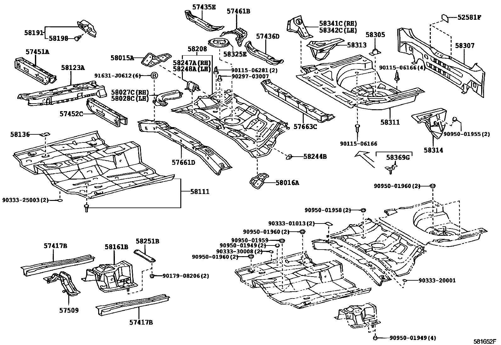 Toyota COROLLA 浅盘形地板和车身下背板 EPC diagram — 581652F
