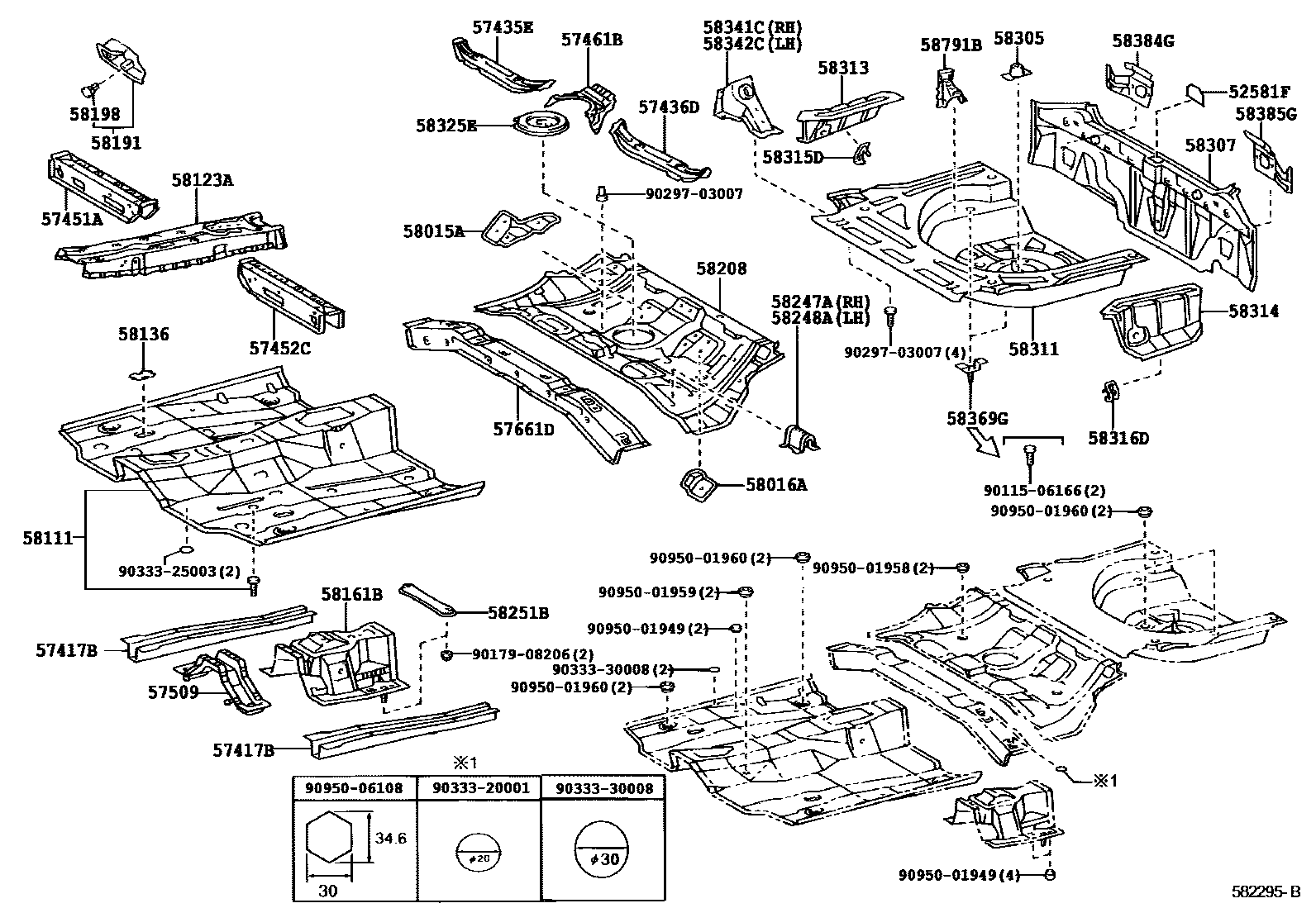 Toyota COROLLA 浅盘形地板和车身下背板 EPC diagram — 582295B