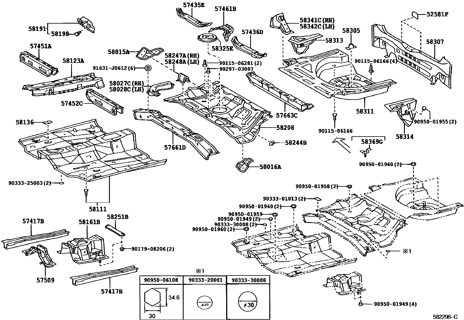 Toyota COROLLA 浅盘形地板和车身下背板 EPC diagram — 582296C