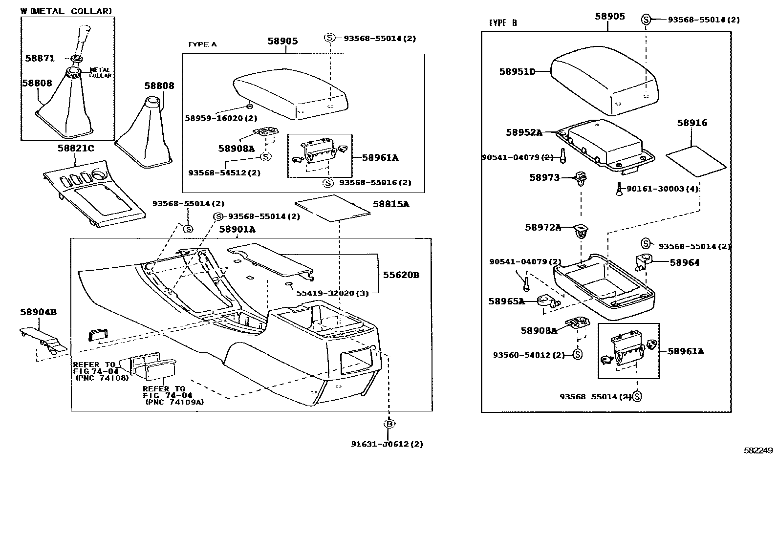 Toyota COROLLA 中央扶手箱和支架 EPC diagram — 582249A