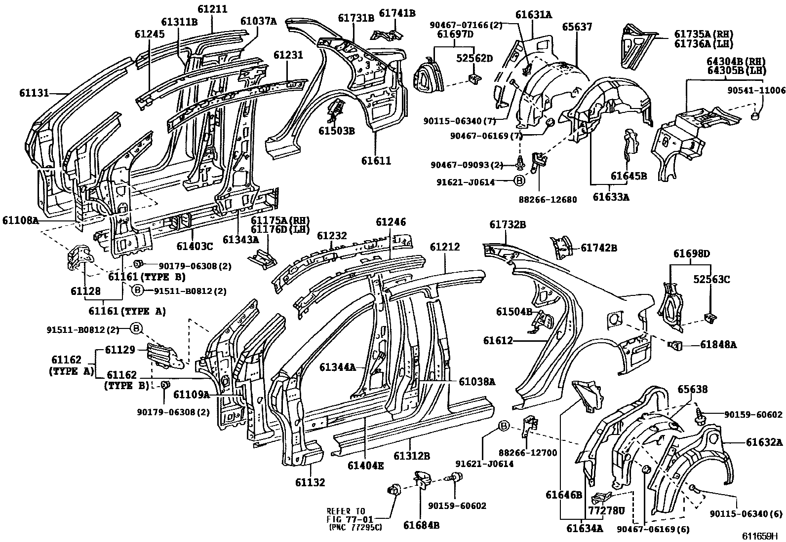 Toyota COROLLA 侧梁 EPC diagram — 611659H