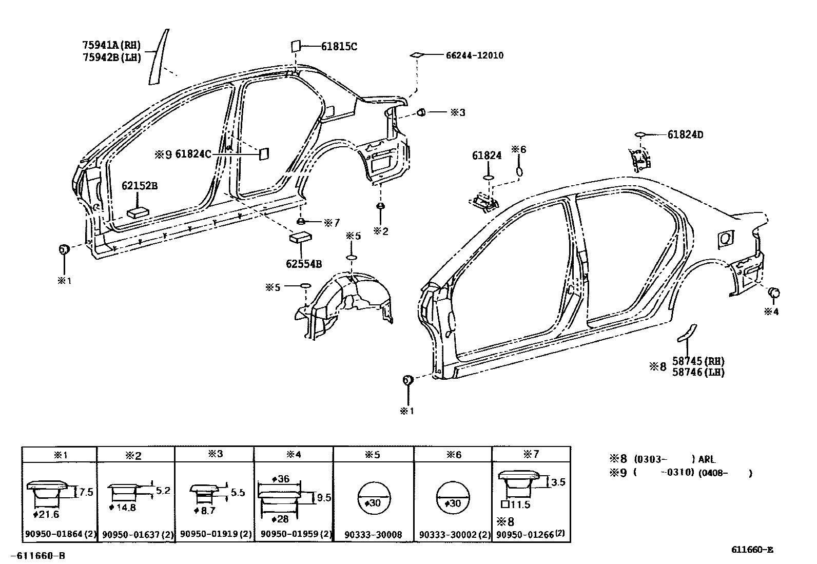 Toyota COROLLA 侧梁 EPC diagram — 611660E