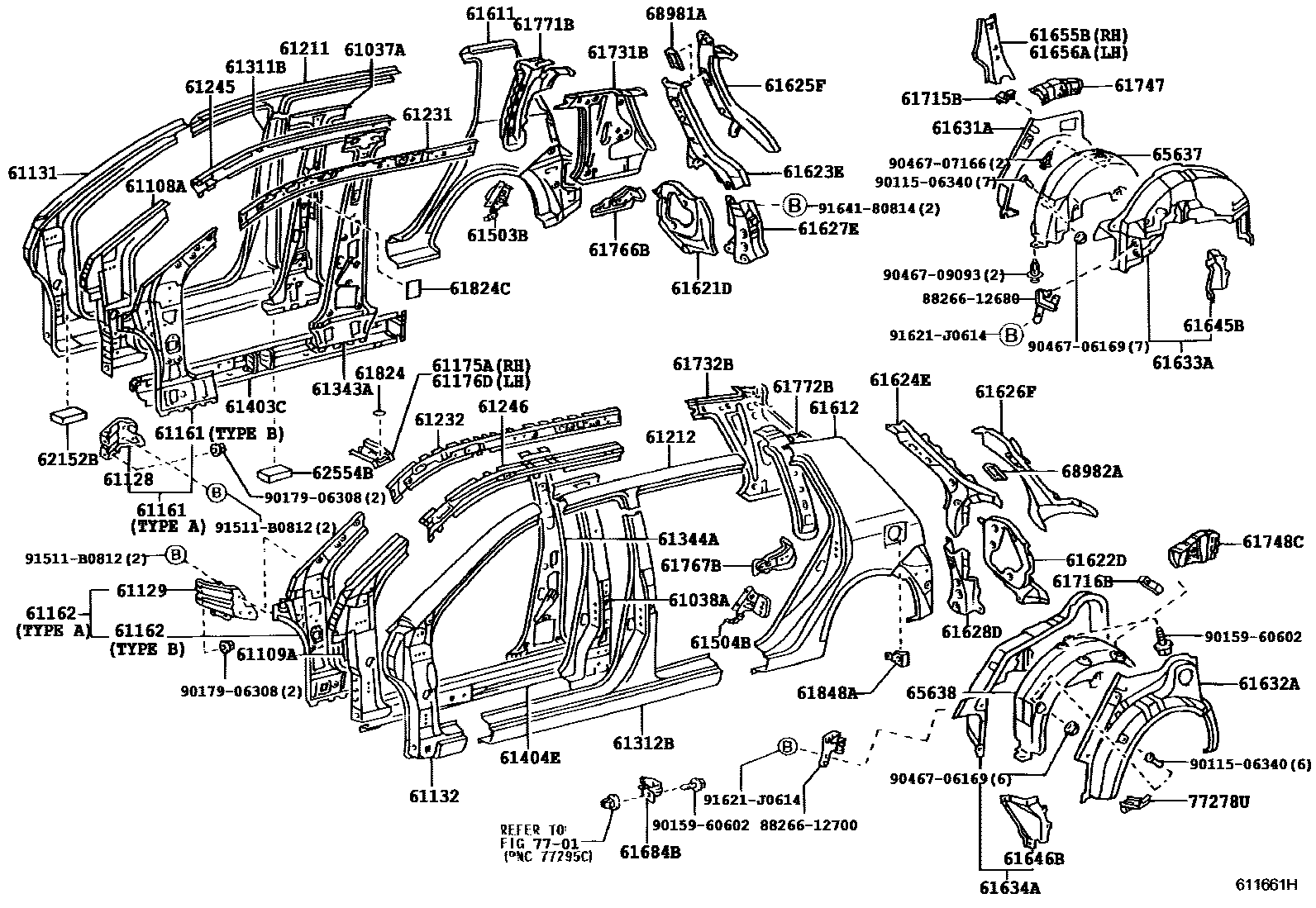 Toyota COROLLA 侧梁 EPC diagram — 611661H