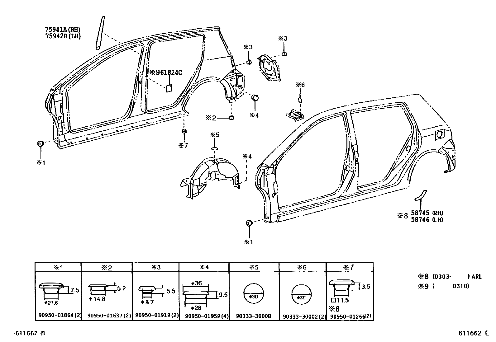 Toyota COROLLA 侧梁 EPC diagram — 611662E