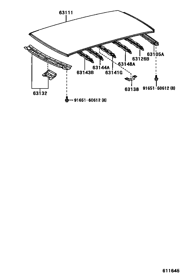 Toyota COROLLA 天窗板和背窗玻璃 EPC diagram — 611645