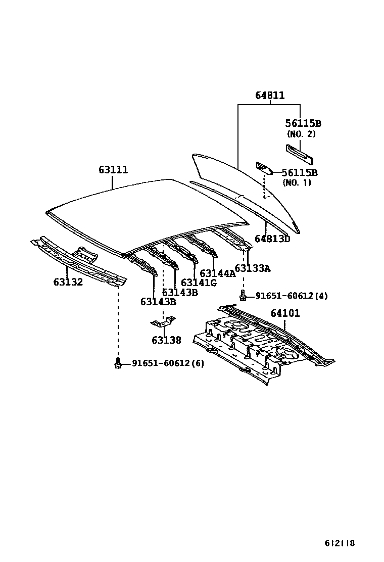 Toyota COROLLA 天窗板和背窗玻璃 EPC diagram — 612118