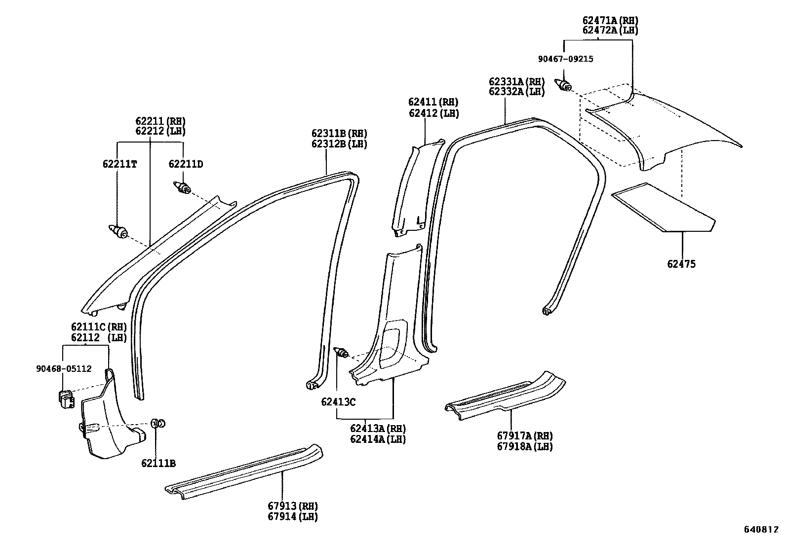 Toyota COROLLA 内饰板和车门防水胶条 EPC diagram — 640812