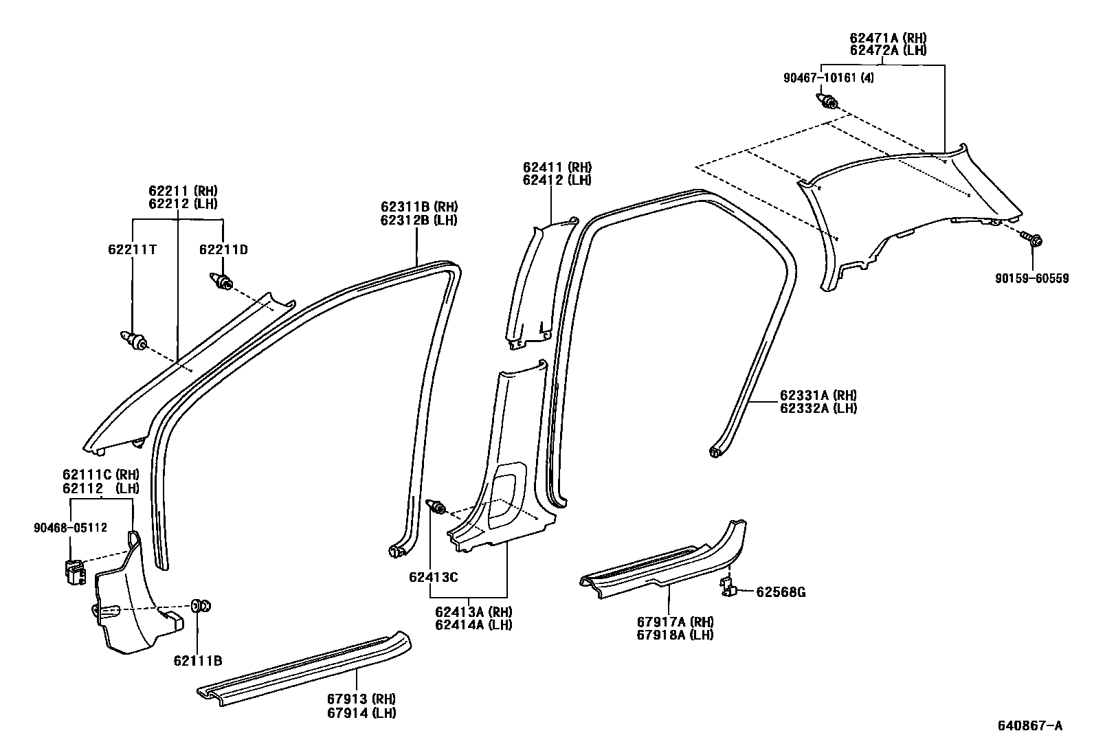 Toyota COROLLA 内饰板和车门防水胶条 EPC diagram — 640867A