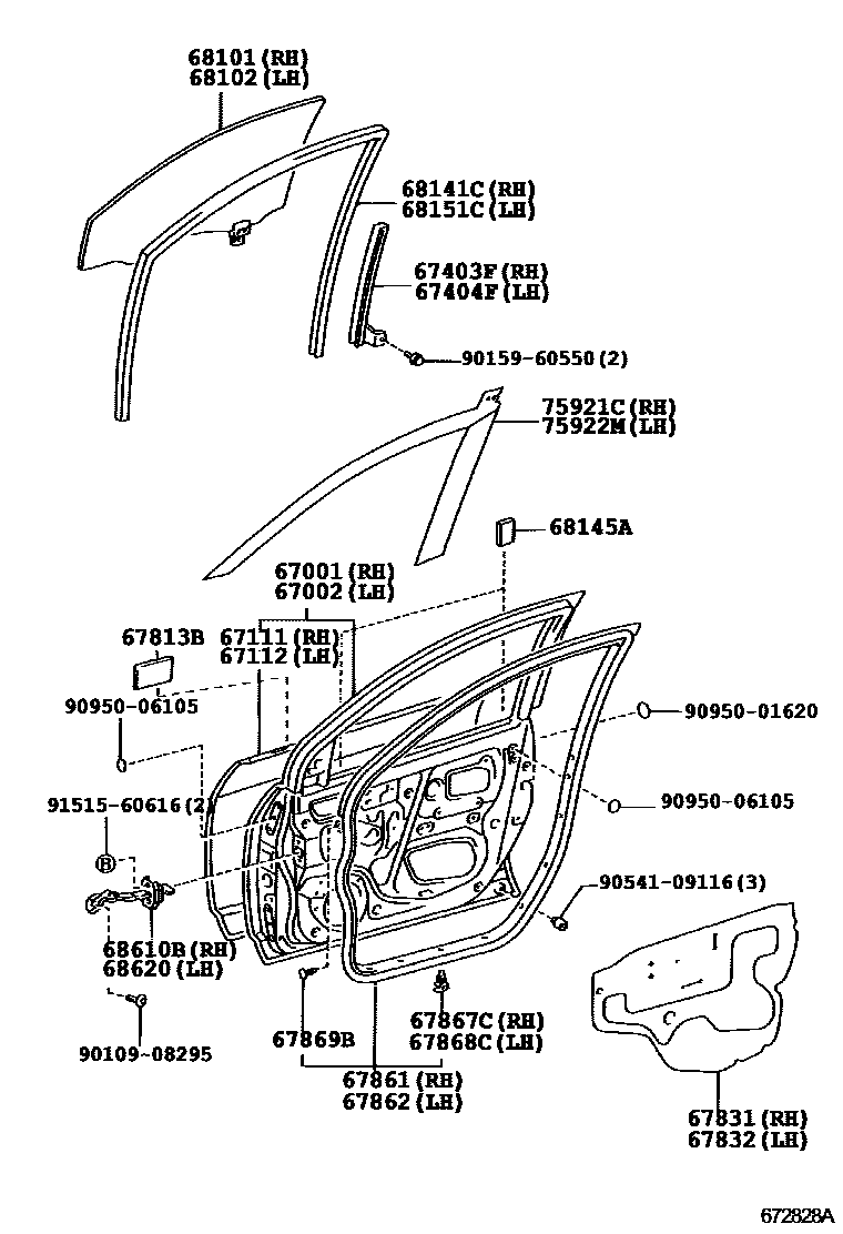Toyota COROLLA 前门板和前门玻璃 EPC diagram — 672828A