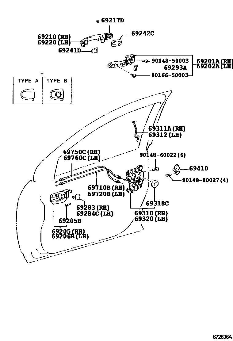 Toyota COROLLA 前门锁和车门把手 EPC diagram — 672836A