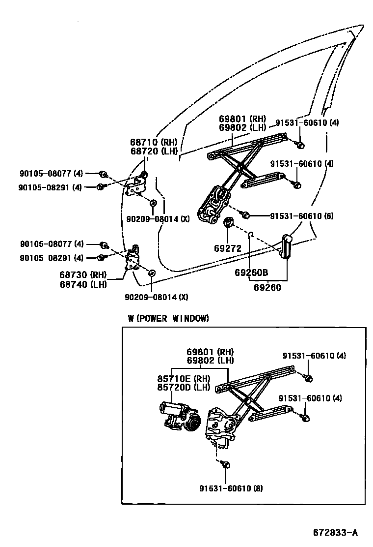 Toyota COROLLA 前门车窗升降器和合页 EPC diagram — 672833A