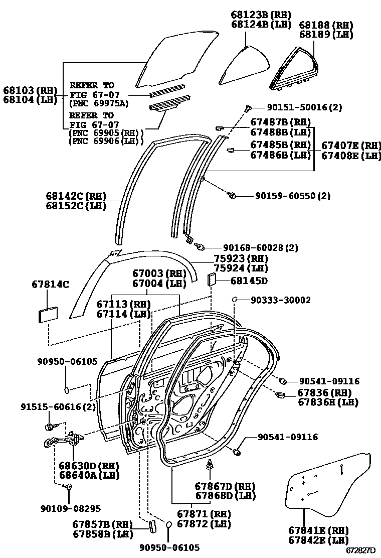 Toyota COROLLA 后门板和后门玻璃 EPC diagram — 672827D