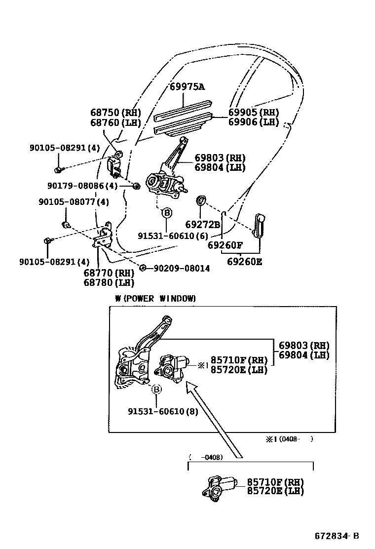 Toyota COROLLA 后门车窗升降器和合页 EPC diagram — 672834B