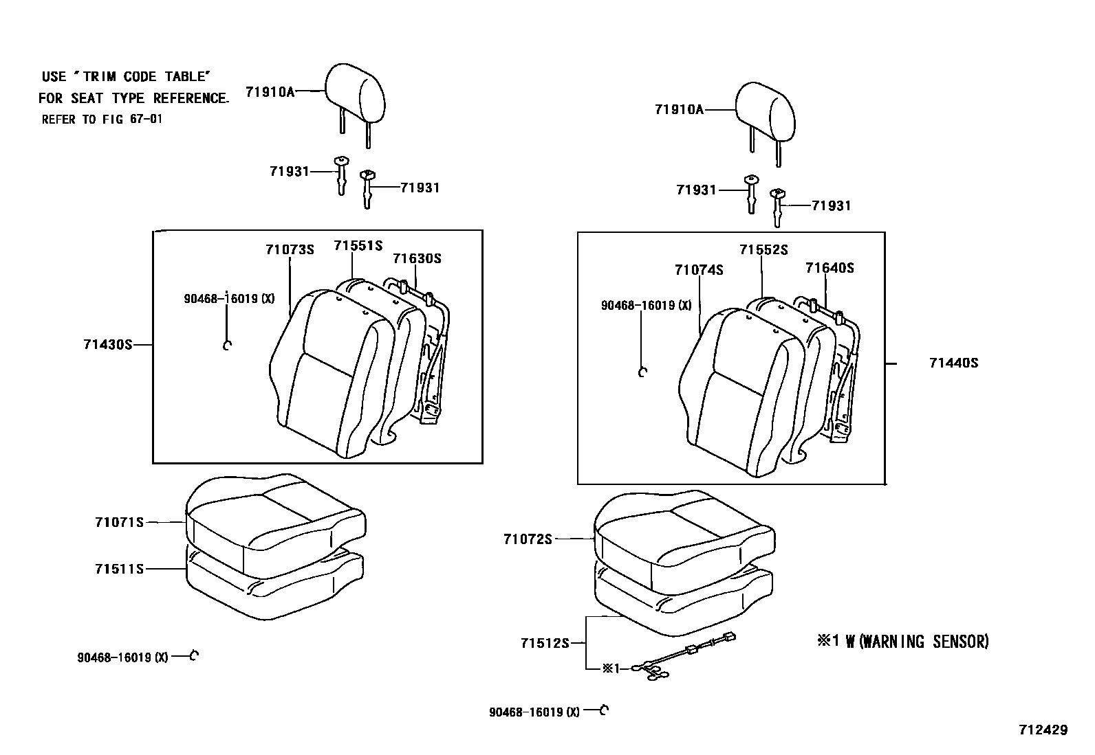 Toyota COROLLA 前排座椅和座椅滑轨 EPC diagram — 712429