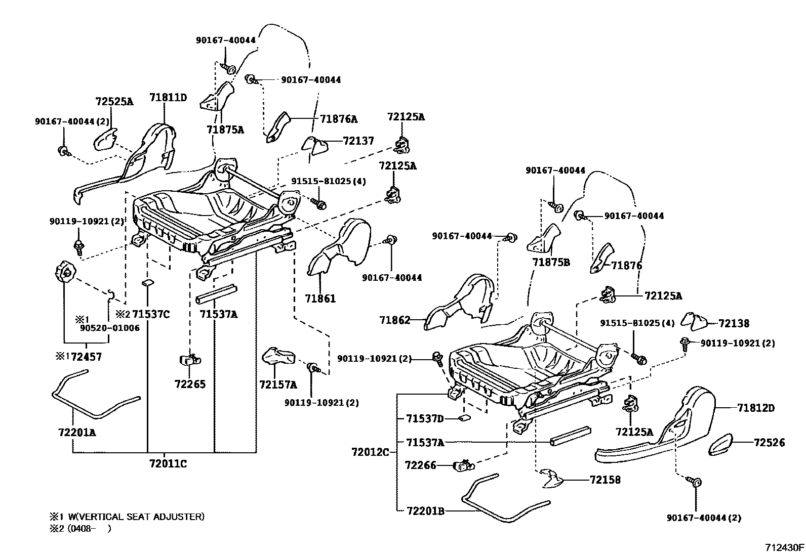 Toyota COROLLA 前排座椅和座椅滑轨 EPC diagram — 712430F