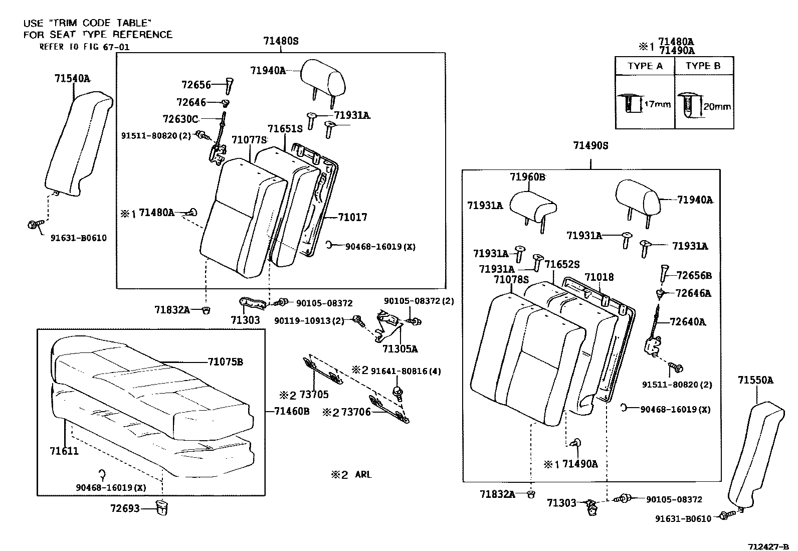 Toyota COROLLA 后排座椅和座椅滑轨 EPC diagram — 712427B