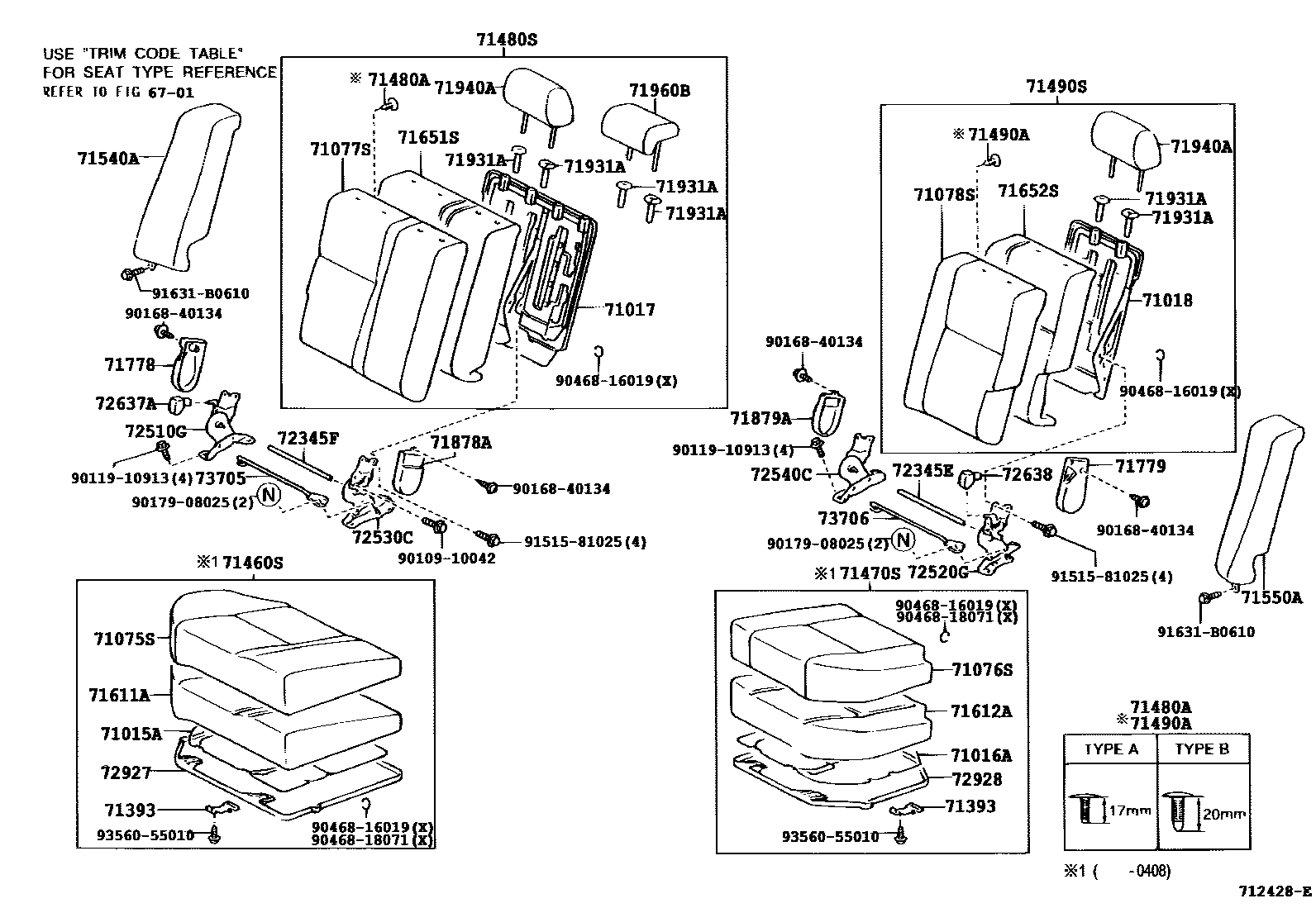 Toyota COROLLA 后排座椅和座椅滑轨 EPC diagram — 712428E