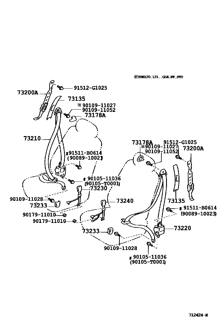 Toyota COROLLA 安全带和儿童保护座椅 EPC diagram — 712424E