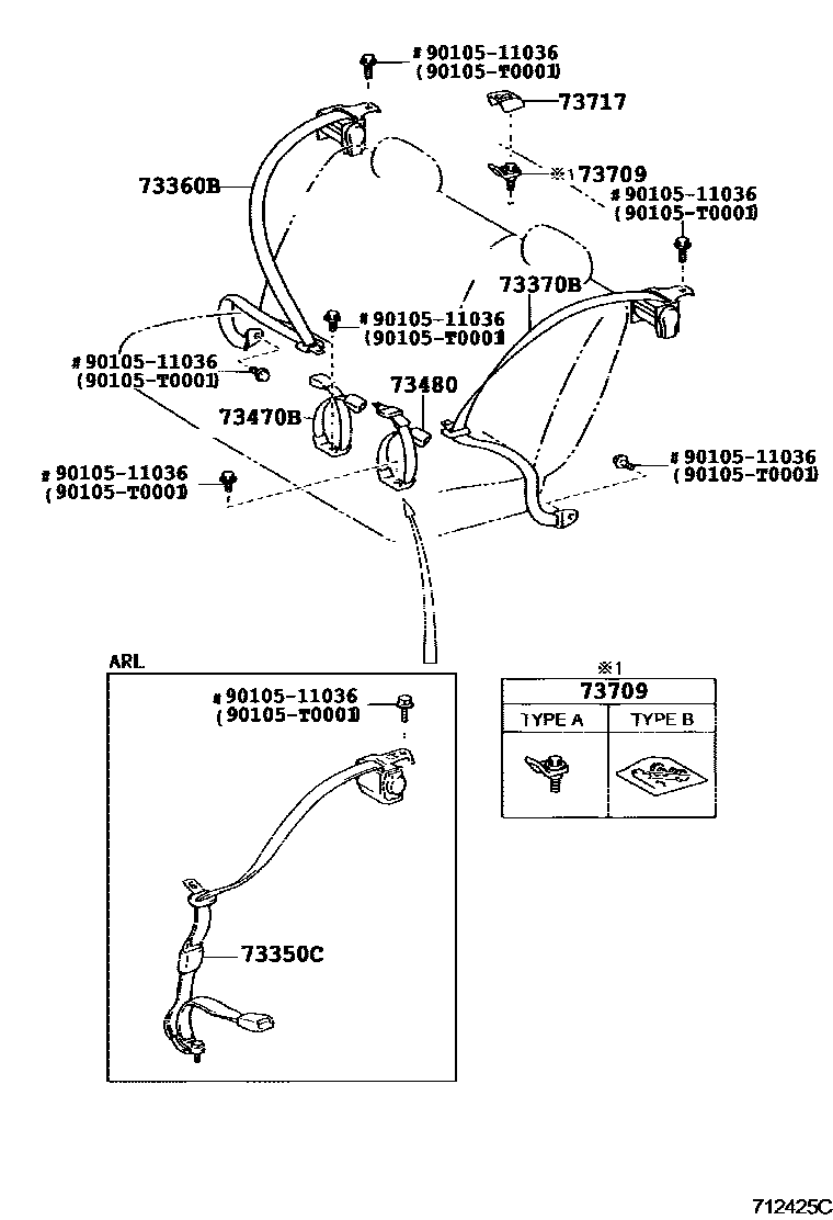 Toyota COROLLA 安全带和儿童保护座椅 EPC diagram — 712425C