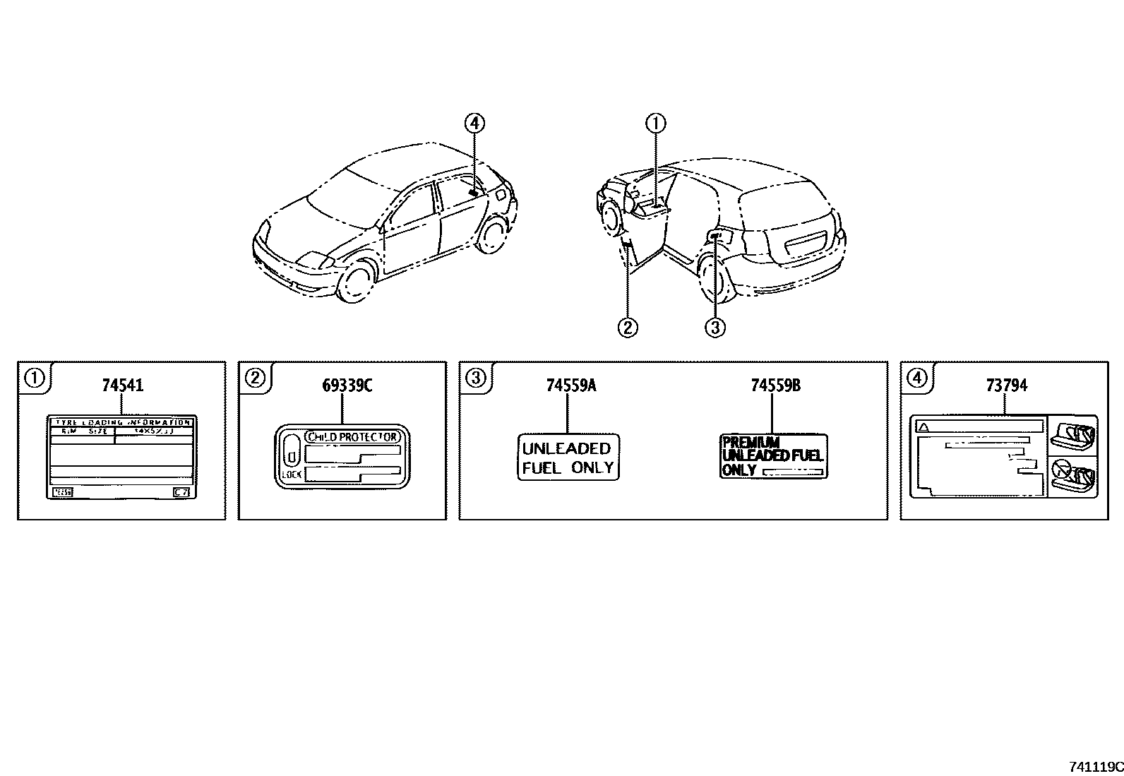 Toyota COROLLA 警示铭牌(车外和车内) EPC diagram — 741119C