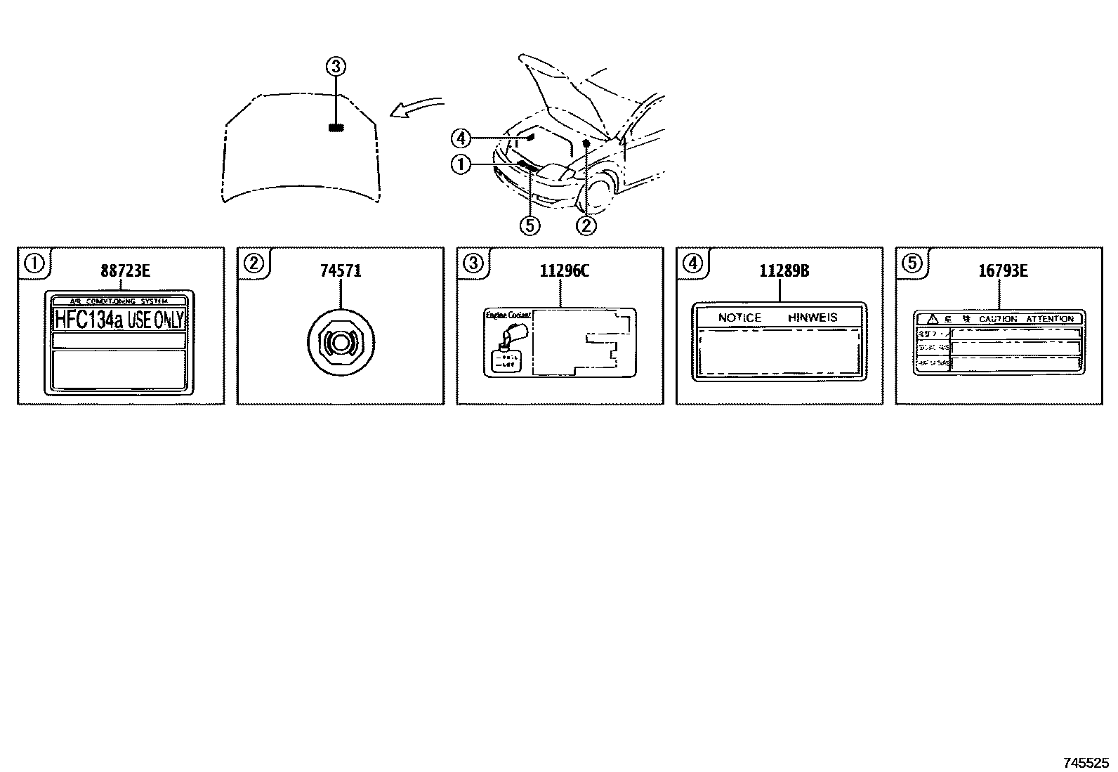 Toyota COROLLA 警示铭牌(车外和车内) EPC diagram — 745525