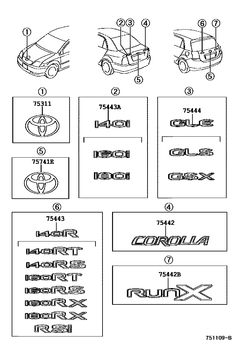 Toyota COROLLA 丰田徽标和铭牌(车外和车内) EPC diagram — 751109B