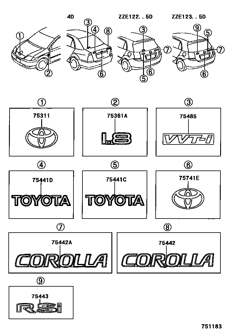 Toyota COROLLA 丰田徽标和铭牌(车外和车内) EPC diagram — 751183
