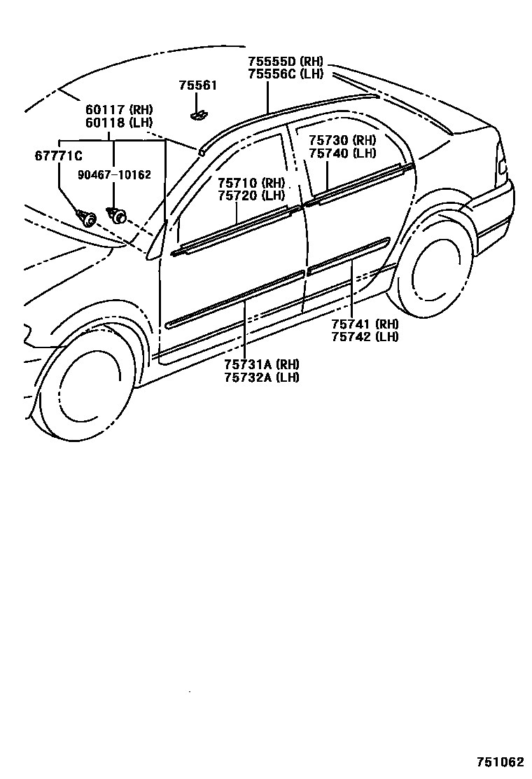 Toyota COROLLA 侧防护条 EPC diagram — 751062