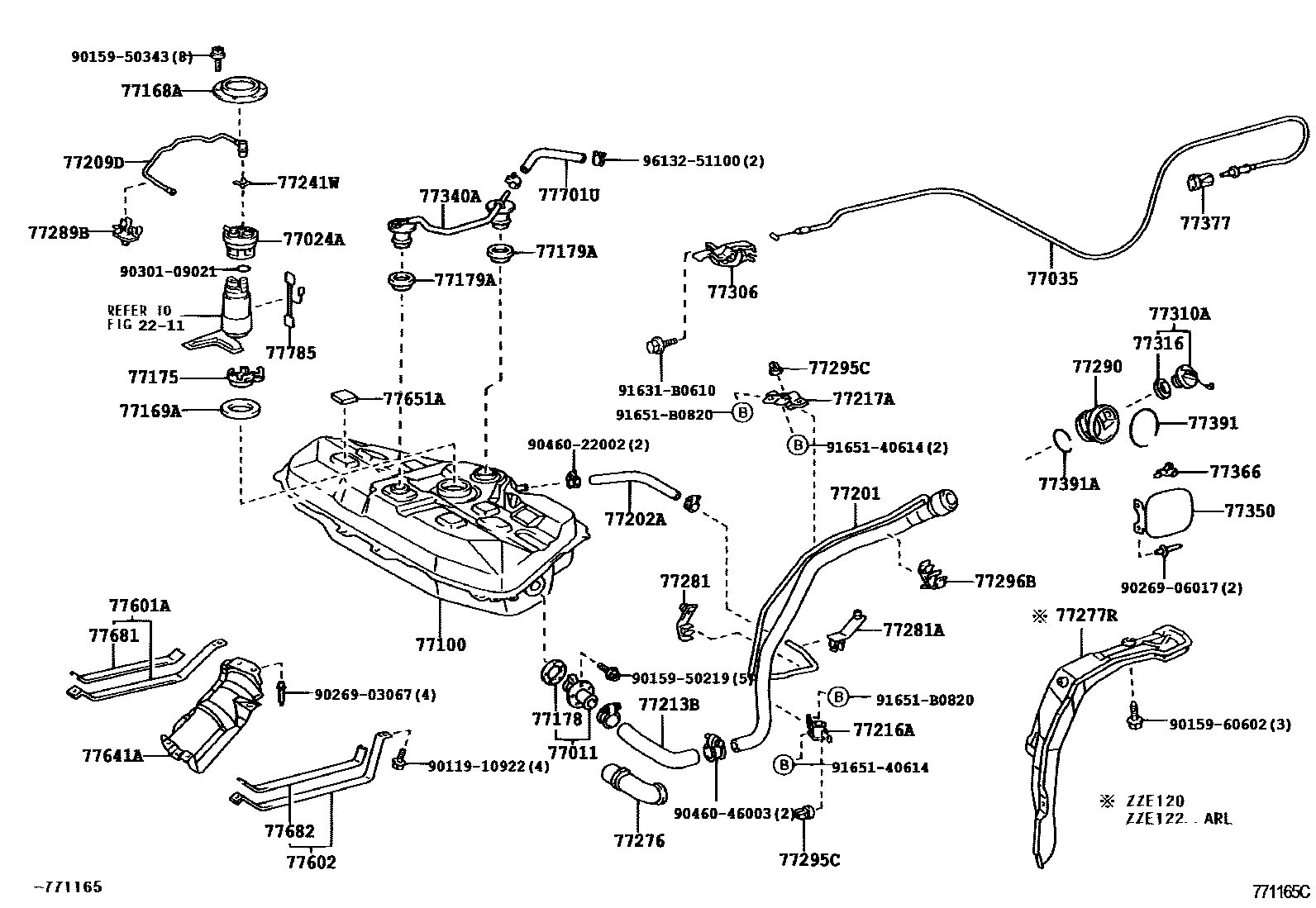 Toyota COROLLA 燃油箱和燃油管 EPC diagram — 771165C