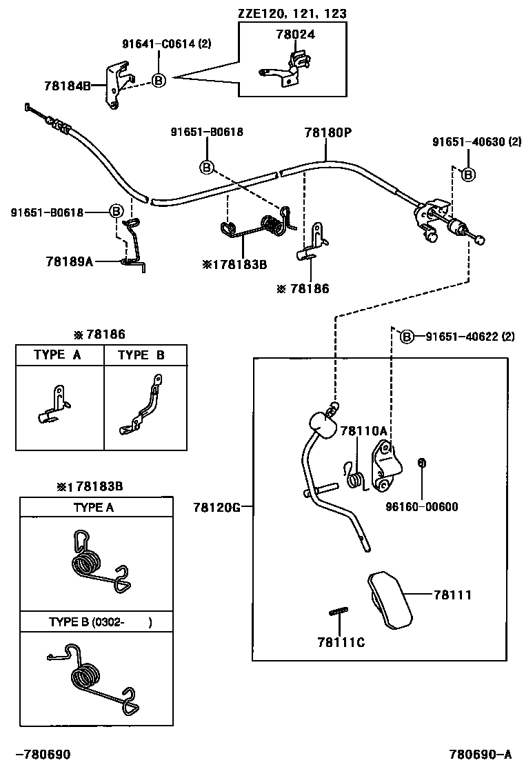 Toyota COROLLA accelerator pedal connecting rod EPC diagram — 780690A