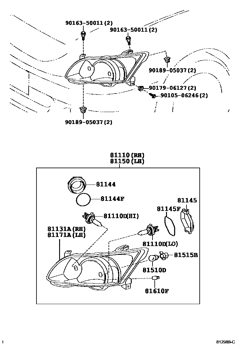 Toyota COROLLA Headlamp EPC diagram — 812989C