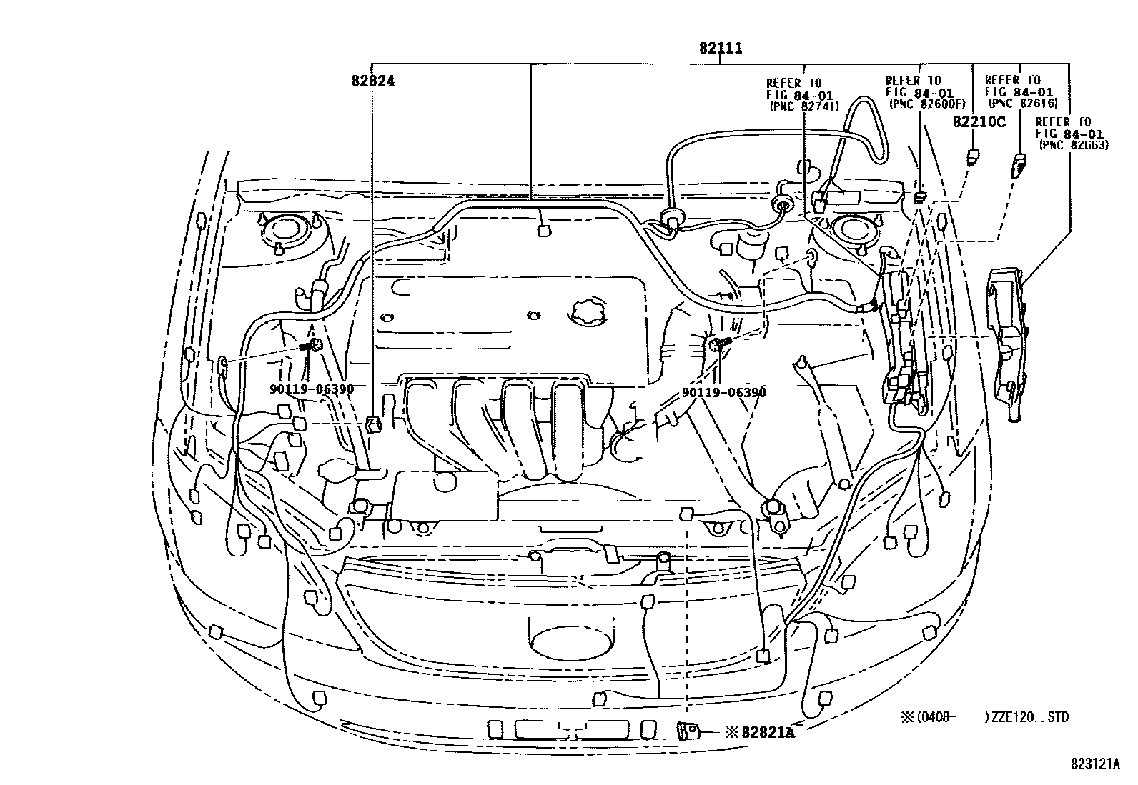 Toyota COROLLA 线束和卡夹 EPC diagram — 823121A
