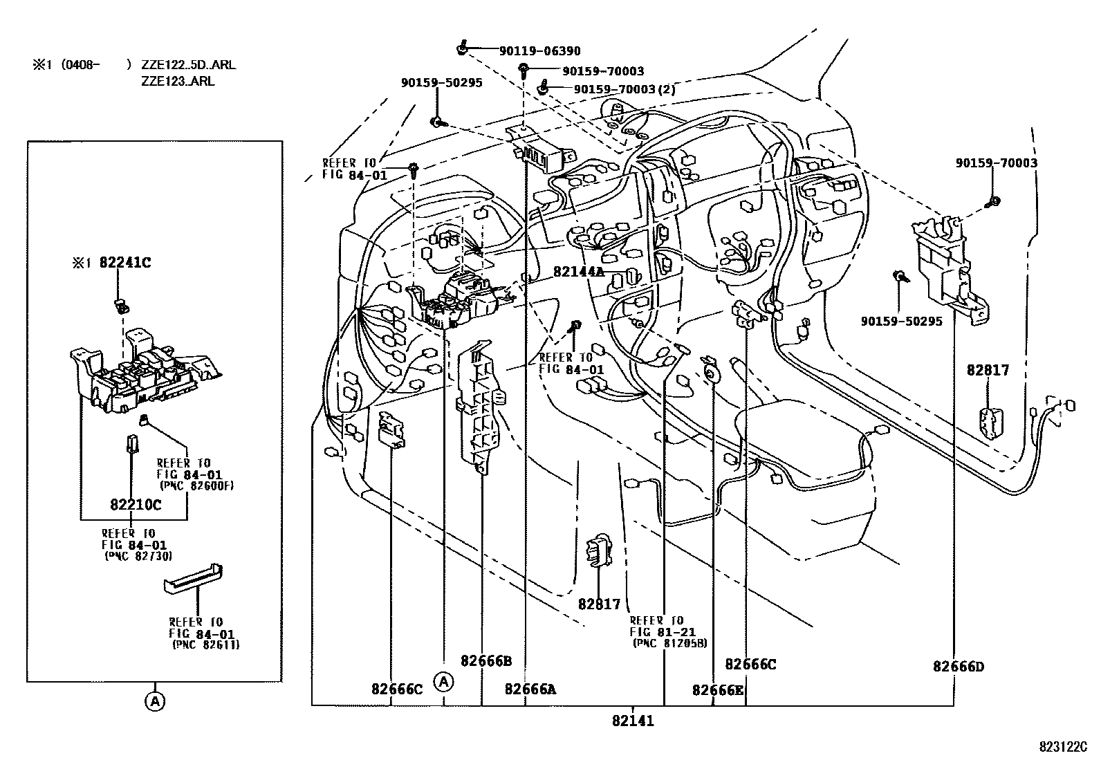 Toyota COROLLA 线束和卡夹 EPC diagram — 823122C