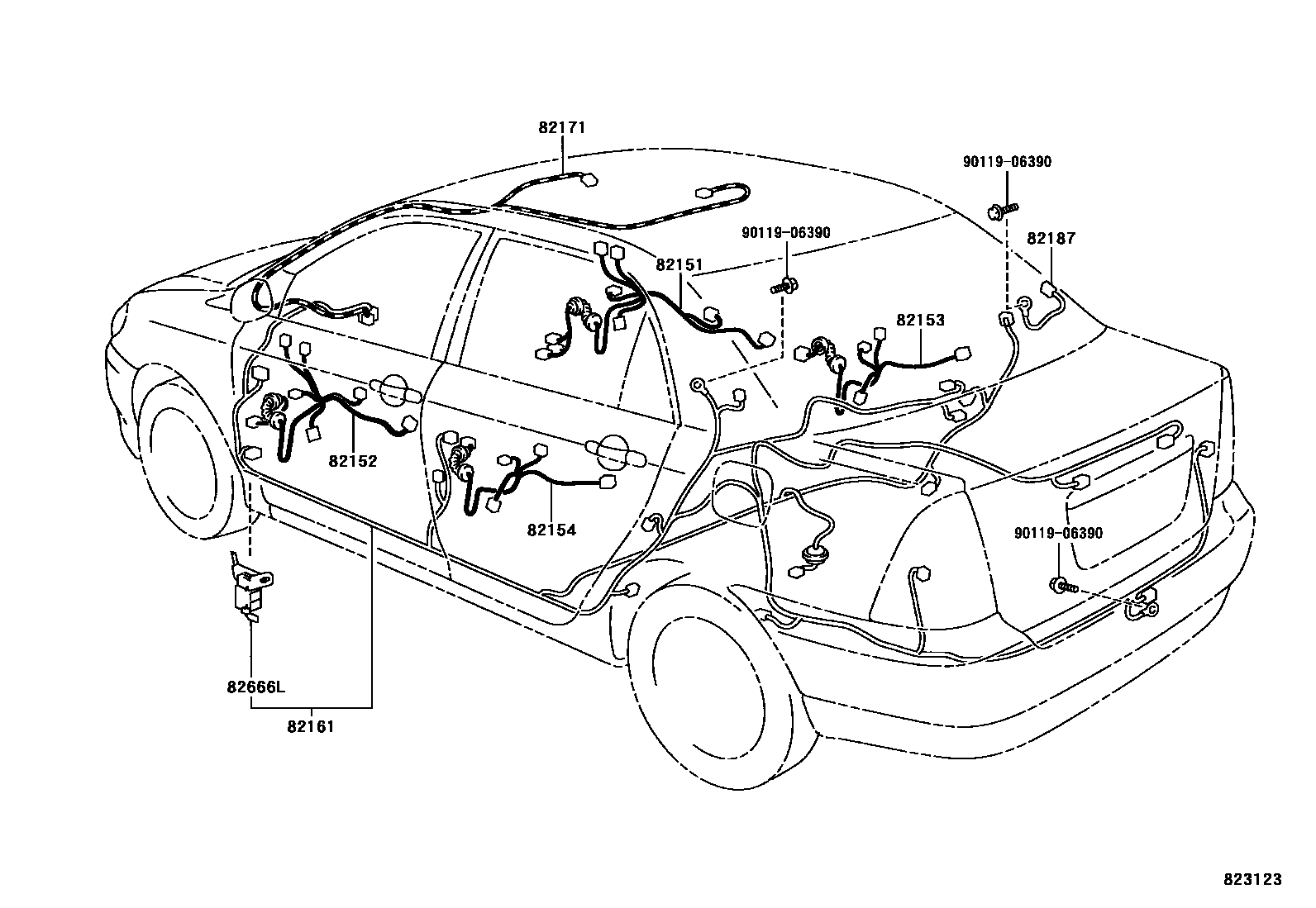 Toyota COROLLA 线束和卡夹 EPC diagram — 823123