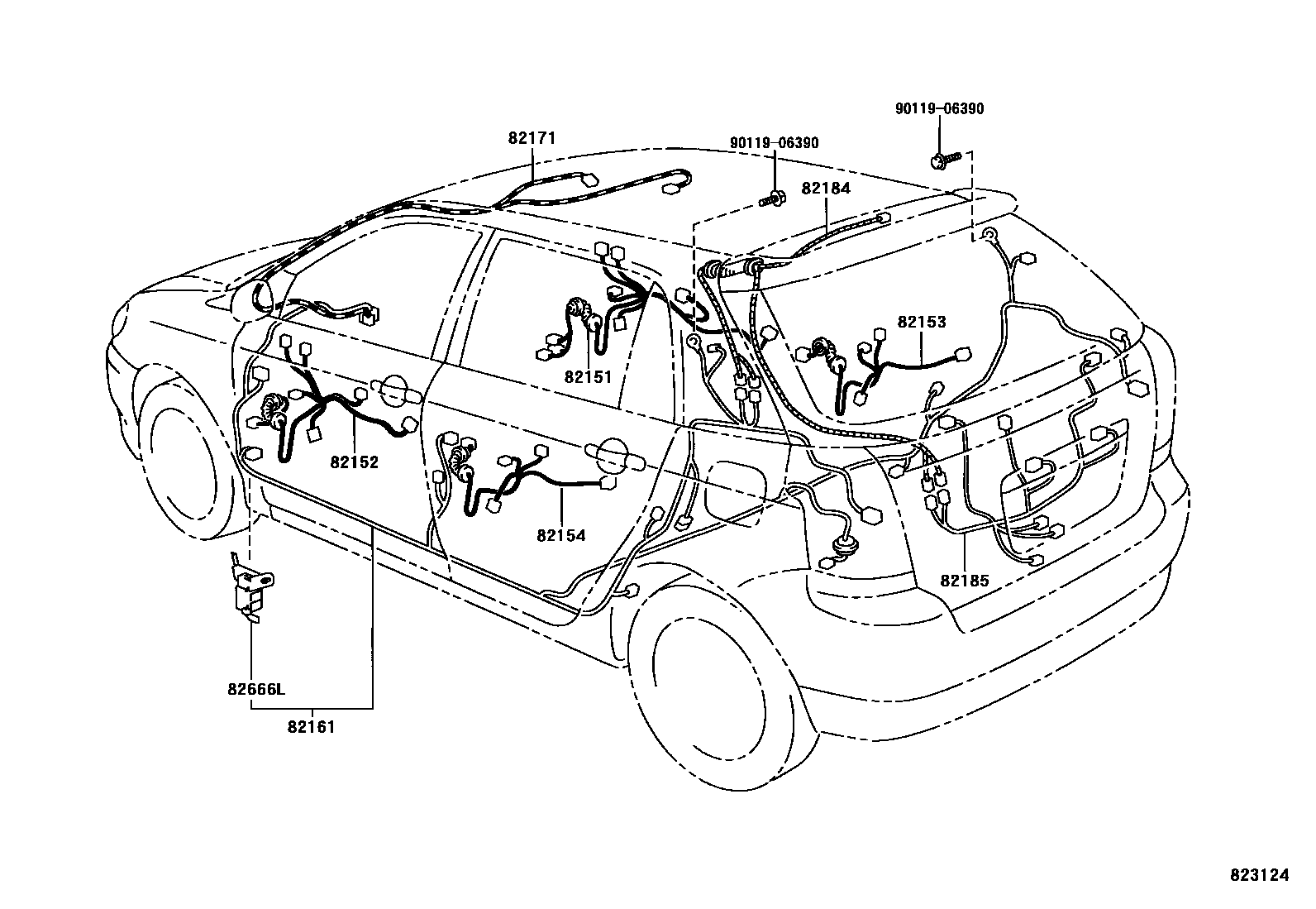 Toyota COROLLA 线束和卡夹 EPC diagram — 823124