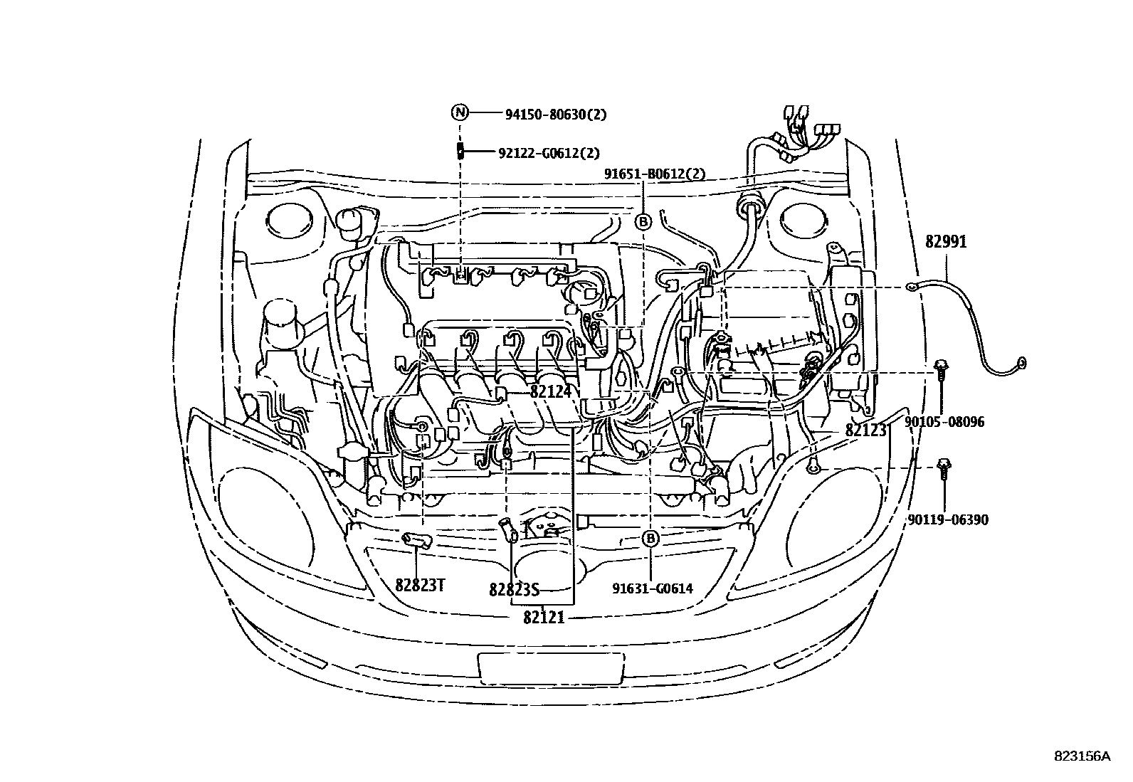 Toyota COROLLA 线束和卡夹 EPC diagram — 823156A