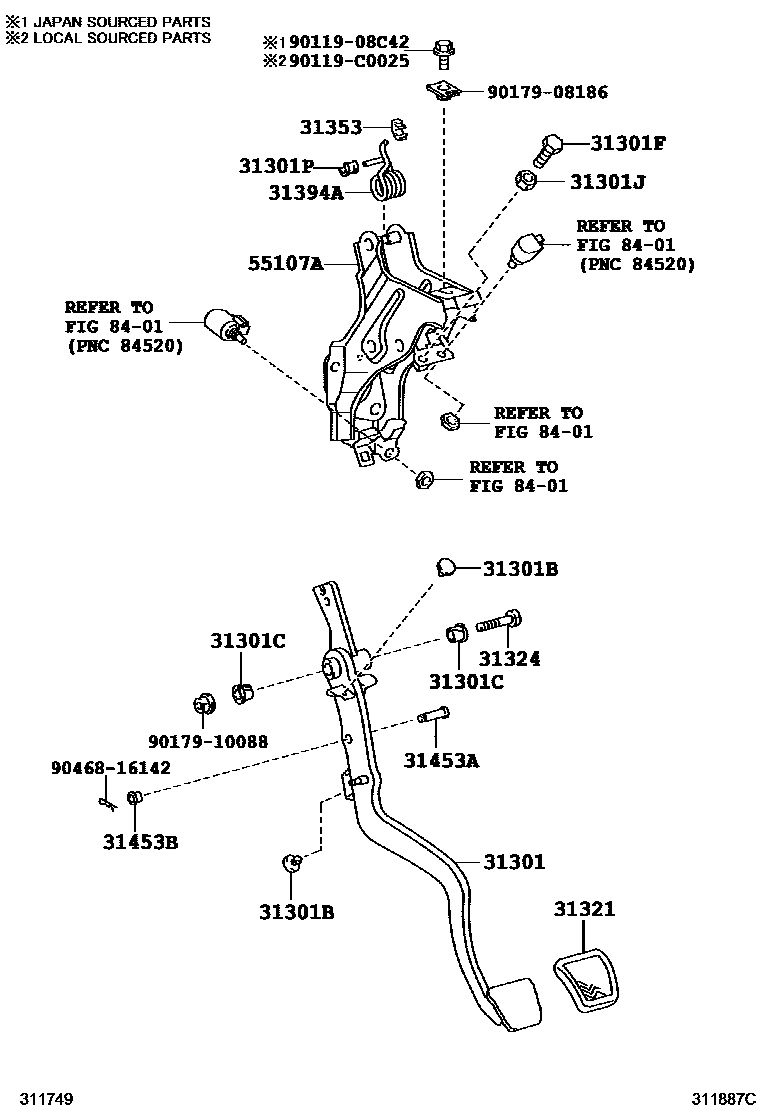 Toyota COROLLA 离合器踏板和挠性软管 EPC diagram — 311887C