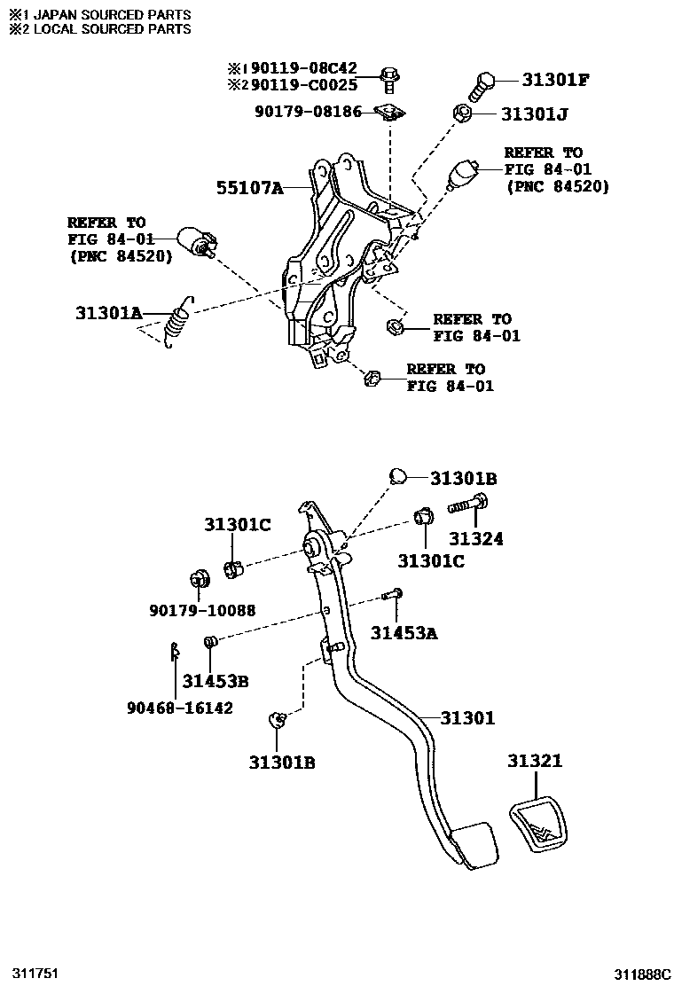 Toyota COROLLA 离合器踏板和挠性软管 EPC diagram — 311888C