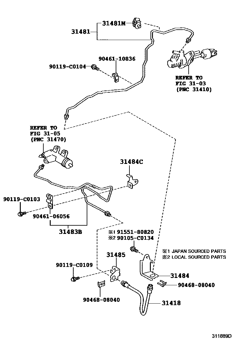 Toyota COROLLA 离合器踏板和挠性软管 EPC diagram — 311889D