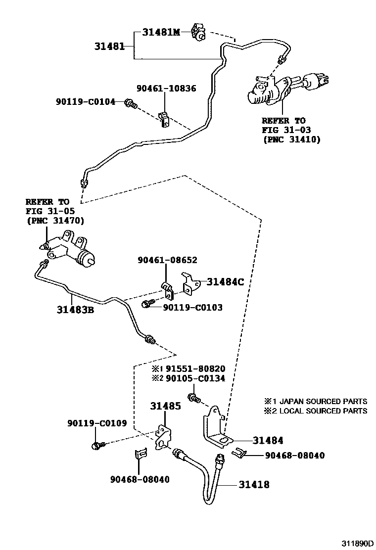 Toyota COROLLA 离合器踏板和挠性软管 EPC diagram — 311890D