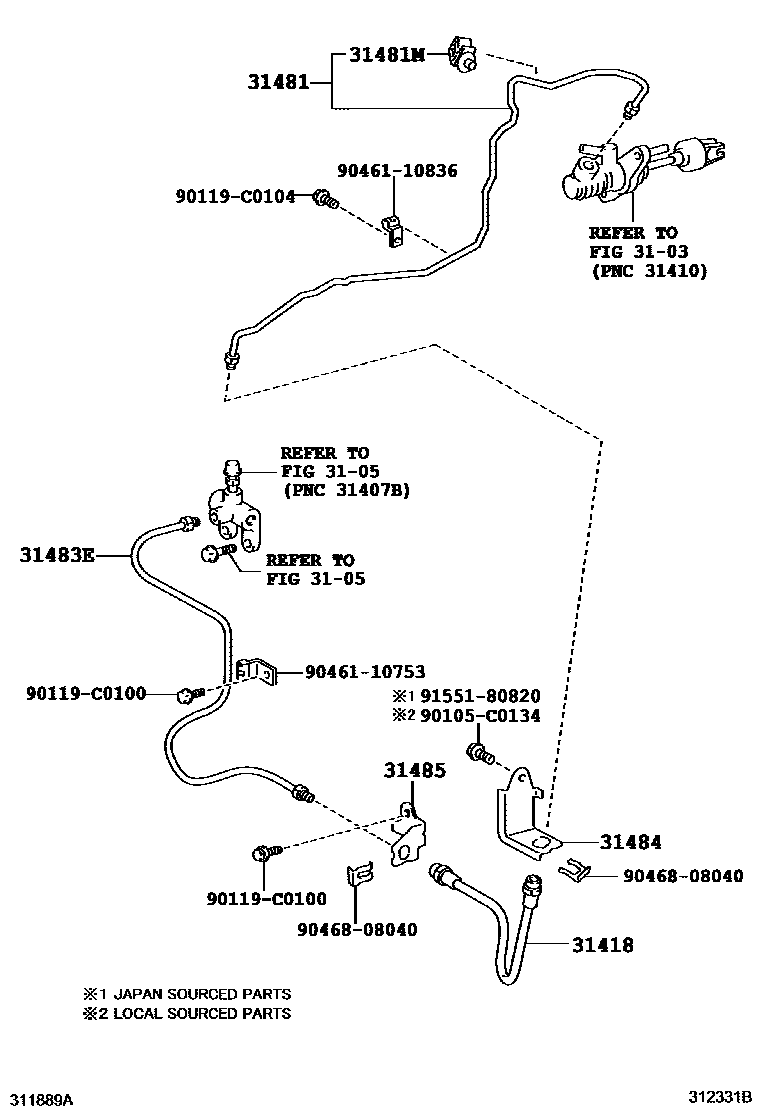 Toyota COROLLA 离合器踏板和挠性软管 EPC diagram — 312331B