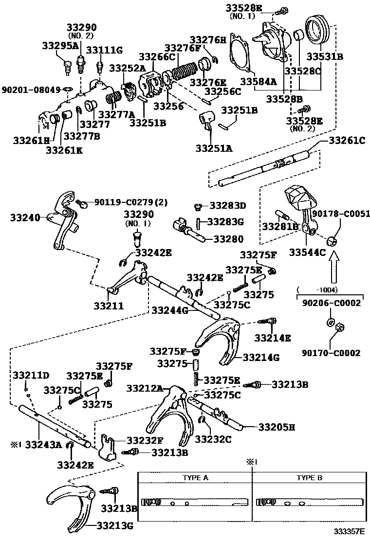 Toyota COROLLA 换档拨叉和换档杆轴(MTM) EPC diagram — 333357E