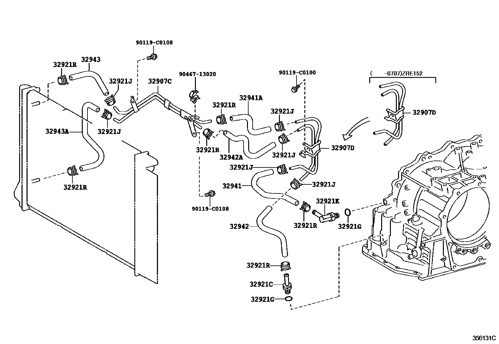 Toyota COROLLA 变速器油冷却器和配管(ATM) EPC diagram — 356131C