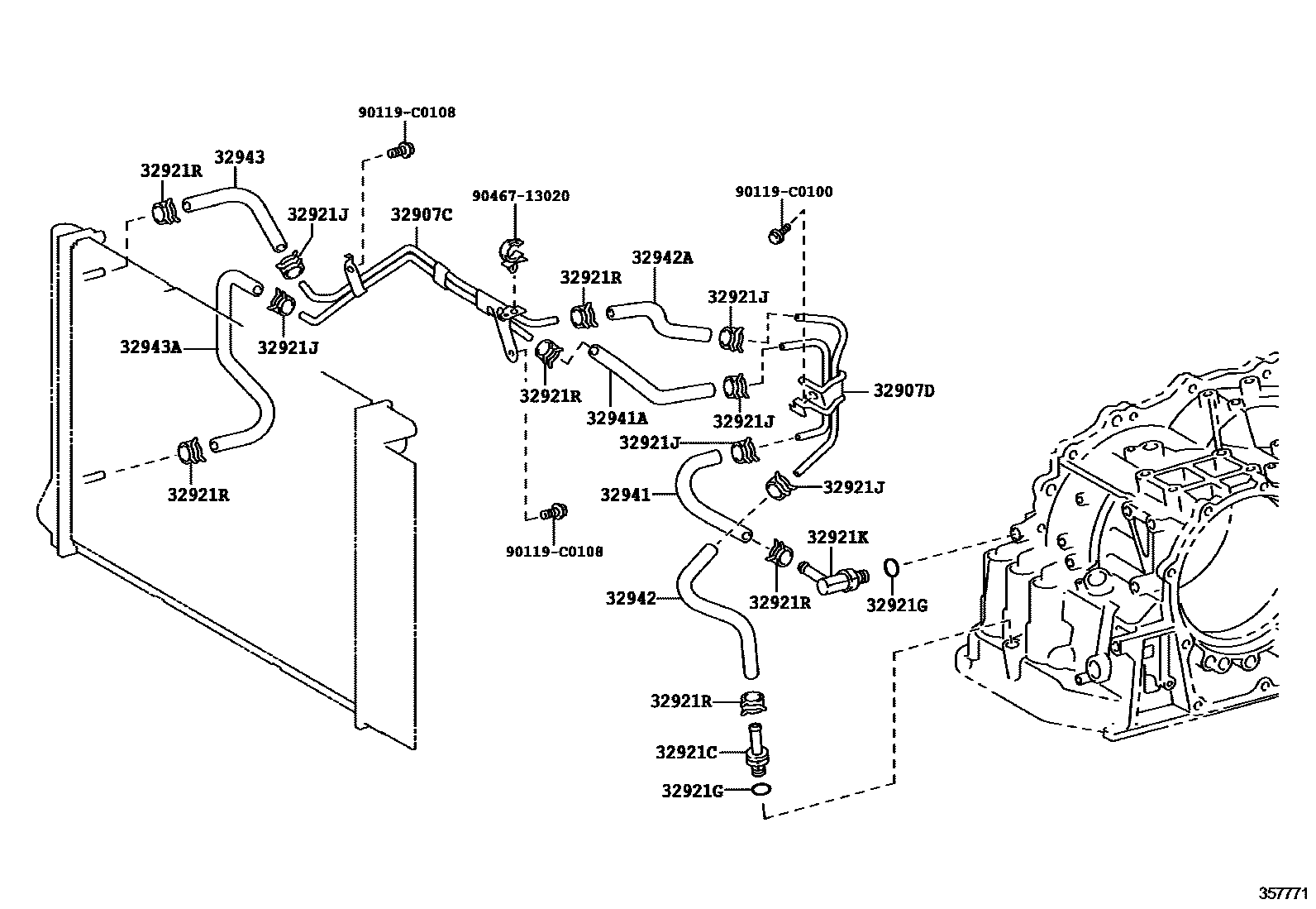 Toyota COROLLA 变速器油冷却器和配管(ATM) EPC diagram — 357771