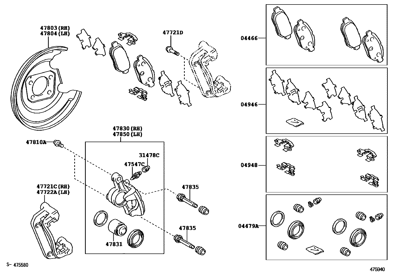 Toyota COROLLA 后盘式制动器卡钳和防尘罩 EPC diagram — 475940A