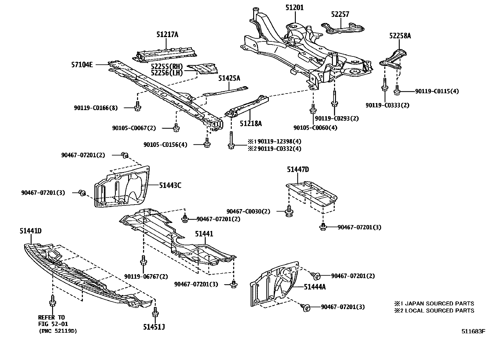 Toyota COROLLA 悬架横梁和发动机底罩 EPC diagram — 511683F