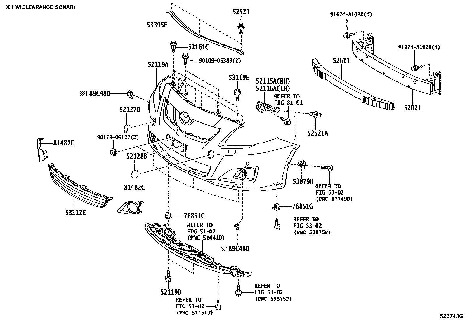 Toyota COROLLA 前保险杠及附件 EPC diagram — 521743G